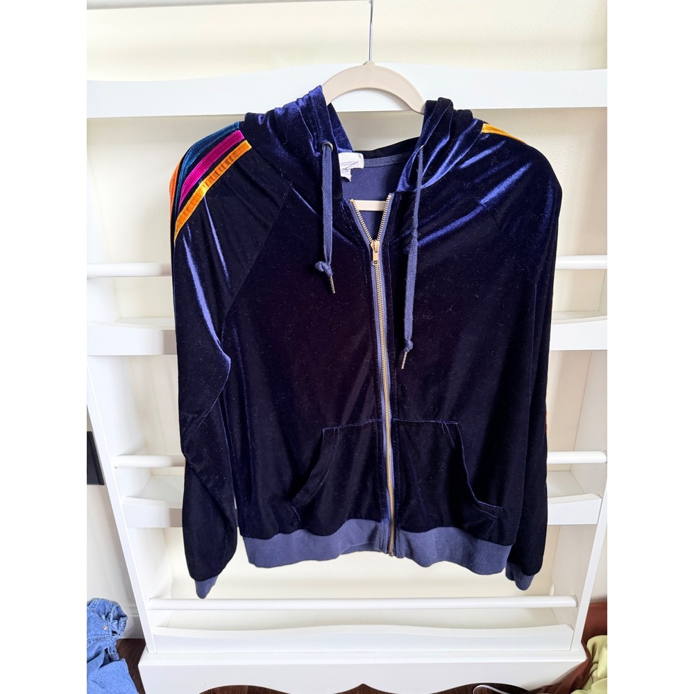 Natural Life Navy Velvet Rainbow Stripe Zip Up Hoodie Track Jacket Medium